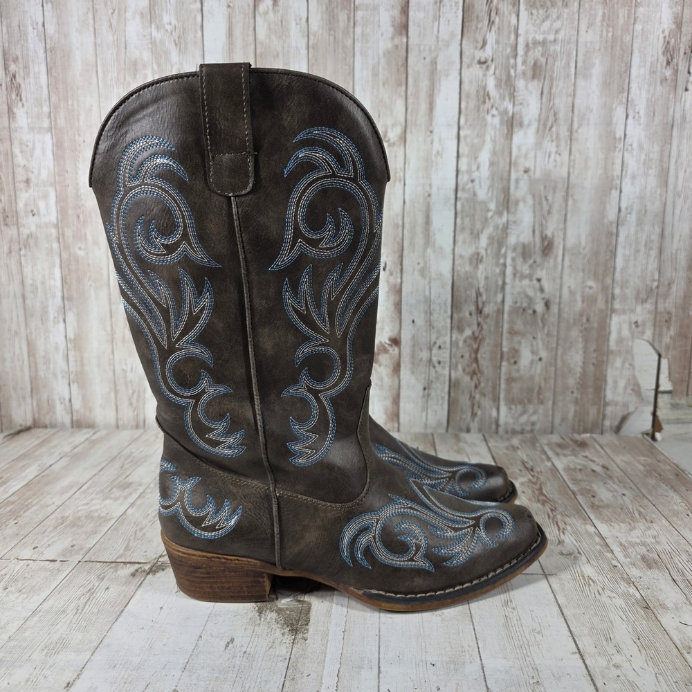 Roper Womens Brown Blue Embroidered Western Cowboy Boots Size 8.5 Pointed Toe